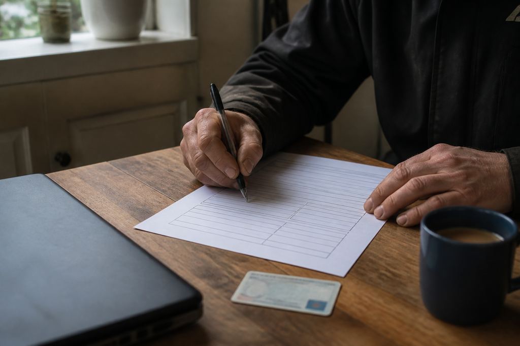 Ondernemer vult aan de keukentafel een papieren aanvraagformulier in, met een identiteitskaart en een kop koffie ernaast
