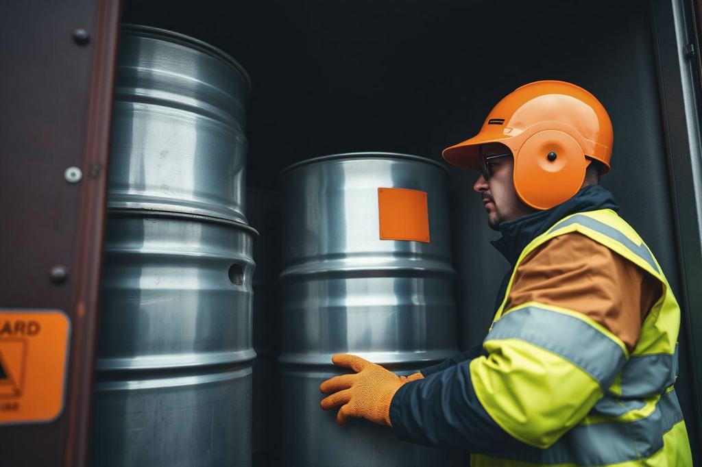 Chauffeur met handschoenen controleert gesloten metalen vaten in een trailer met oranje gevarenbord
