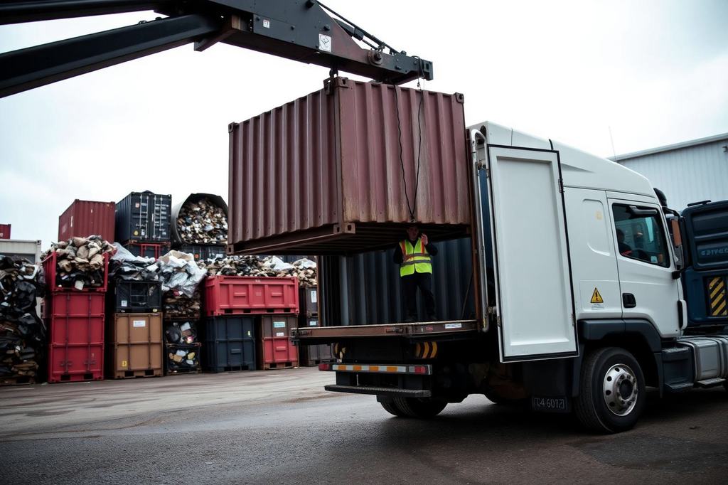 Medewerker begeleidt het plaatsen van een afvalcontainer op een haakarmwagen op een overslagterrein