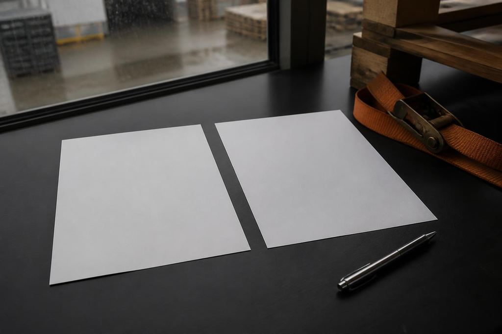 Twee blanco documenten naast elkaar op een donker bureau met een pen en een spanband