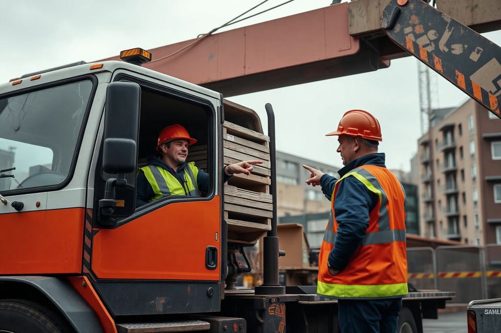Chauffeur in de cabine en een bouwplaatsmedewerker overleggen over het lossen van bouwmateriaal