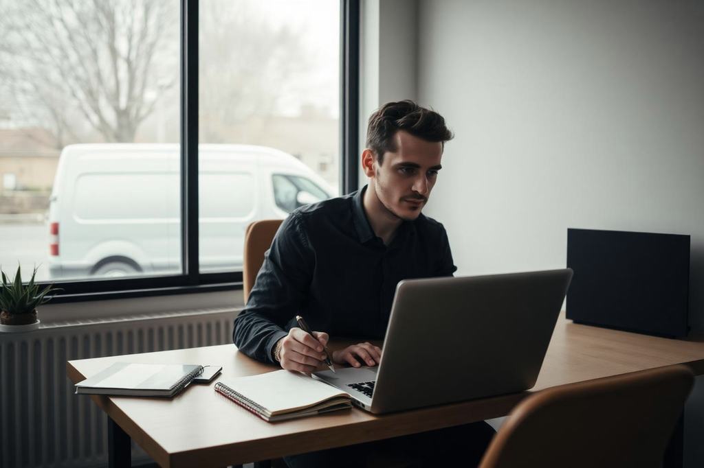Laptop met een lege rekenbladweergave, een notitieblok en een pen op een werkplek bij het raam