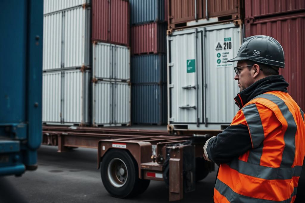 Terminalmedewerker met helm bekijkt een containerchassis tussen gestapelde zeecontainers