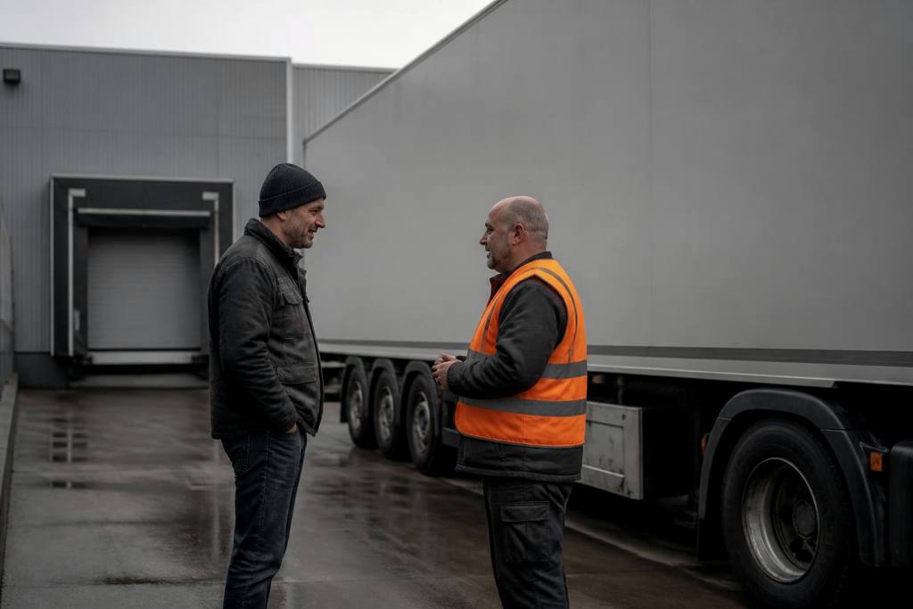 Chauffeur in gesprek met een magazijnmedewerker in hesje bij een laaddock