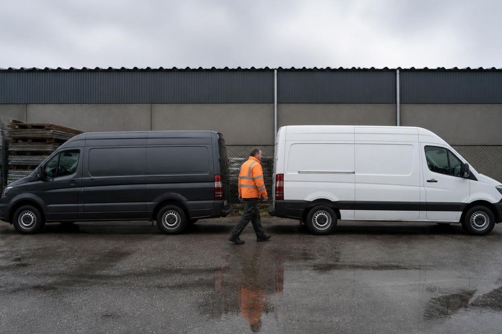 Twee bestelwagens zonder opdruk naast elkaar op een nat bedrijventerrein, met een medewerker ertussen