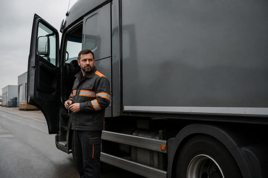 Chauffeur met sleutels in de hand naast de open cabinedeur van een donkergrijze vrachtwagen zonder opdruk