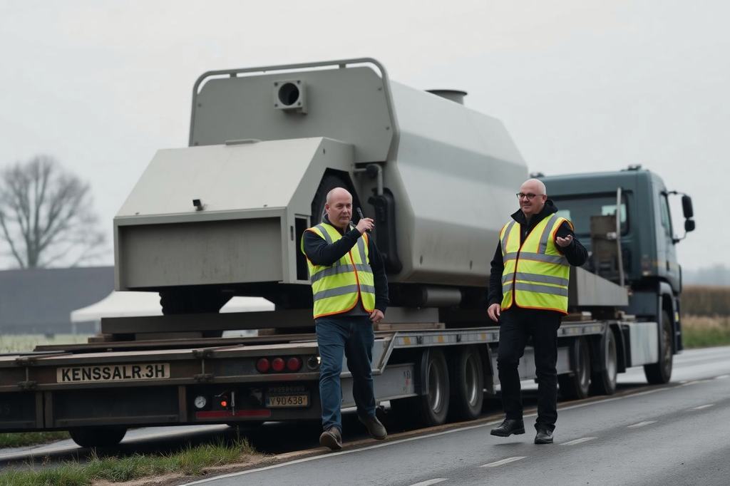 Twee begeleiders in hesje overleggen naast een dieplader met een groot machinedeel langs een landelijke weg