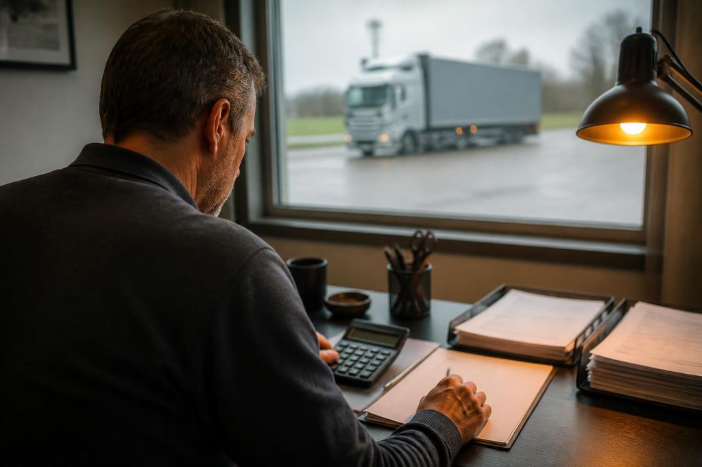 Ondernemer rekent aan een bureau met rekenmachine en ordners, met een vrachtwagen buiten het raam