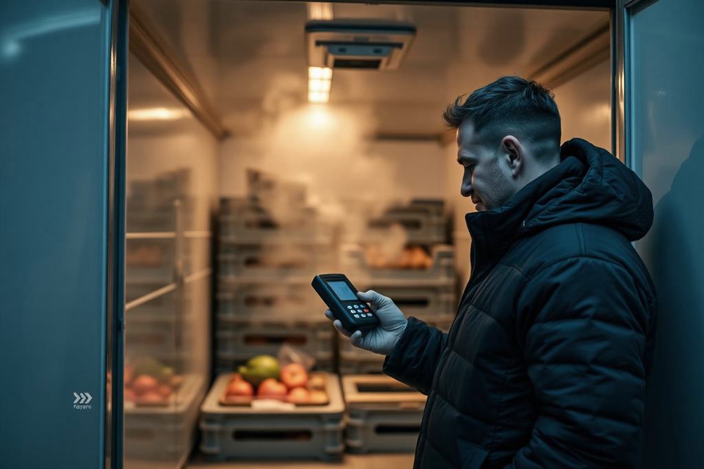 Medewerker leest een temperatuurmeter af bij de open deuren van een koelruimte met kratten vers product