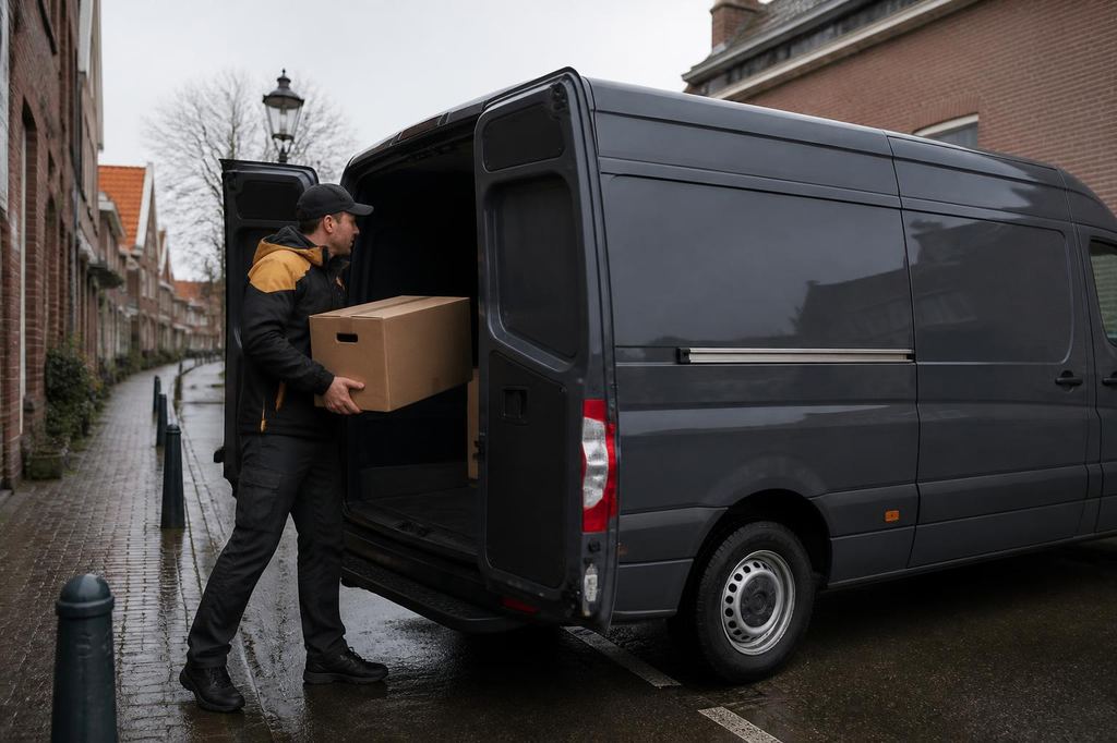 Koerier tilt een kartonnen doos uit de achterdeuren van een bestelbus in een natte Nederlandse straat