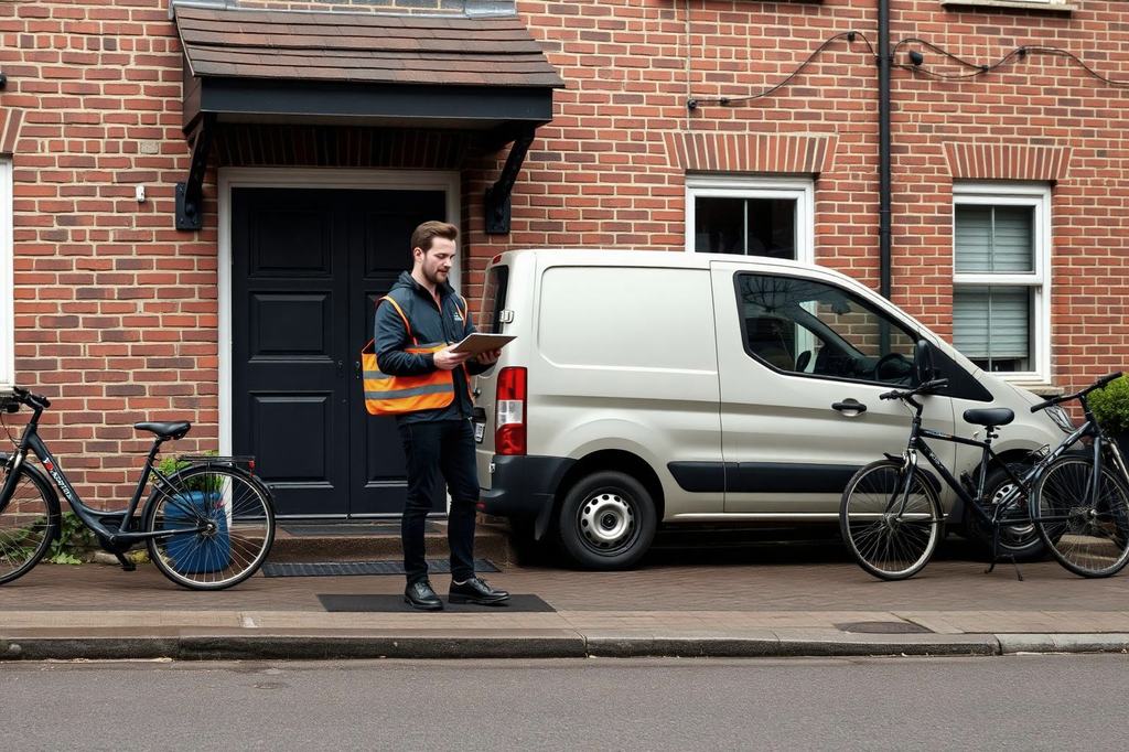 Koerier met bestelbus levert een pakket af bij de voordeur van een woning met fietsen op de stoep