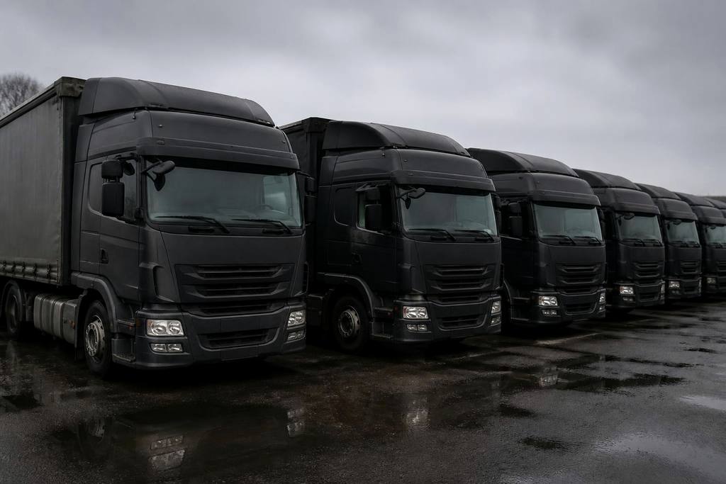 Rij tweedehands trekkers naast elkaar op het natte terrein van een truckhandelaar