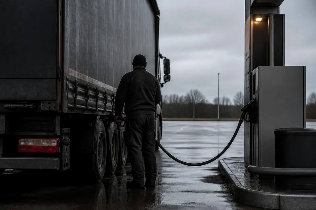Chauffeur tankt diesel bij een truckstop op een natte, bewolkte ochtend