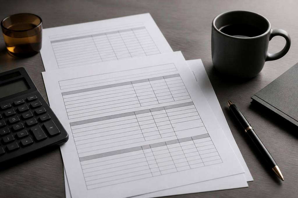 Uitgeprinte balansoverzichten met een rekenmachine en een pen op een donker bureaublad