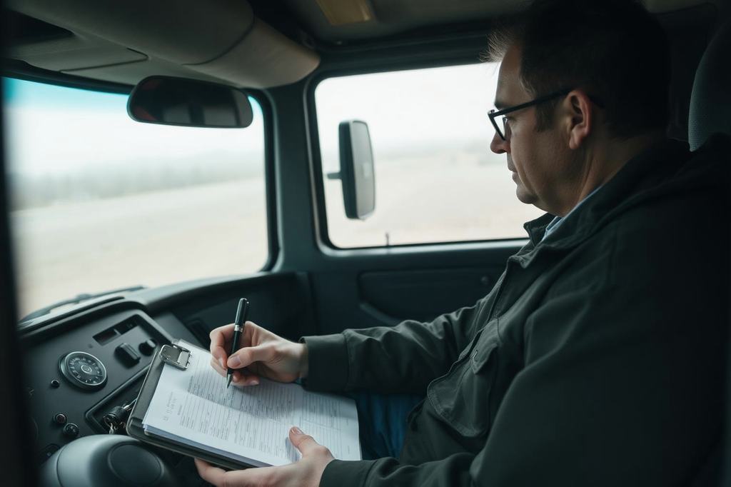 Stapel formulieren, een pen en autosleutels op de bijrijdersstoel van een vrachtwagencabine