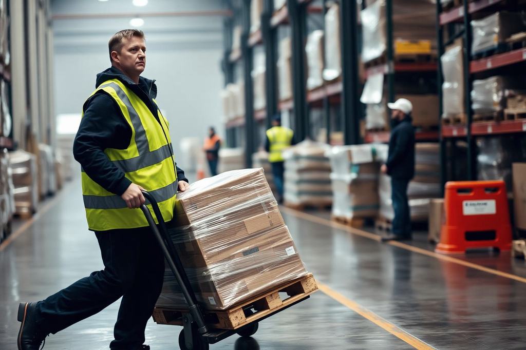 Magazijnmedewerker rijdt een gewikkelde pallet met een pompwagen door een distributiecentrum
