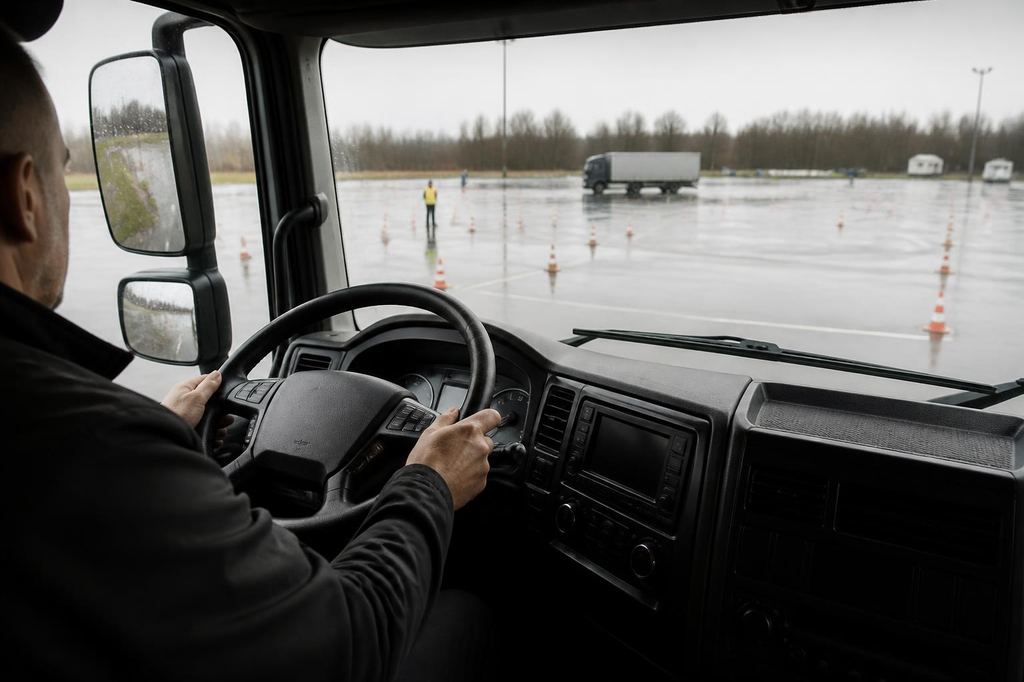 Zicht vanuit de vrachtwagencabine op een oefenterrein met pylonen bij bewolkt weer