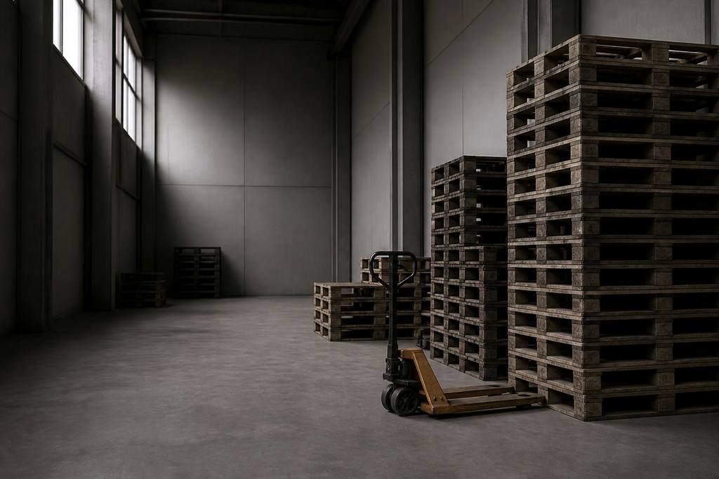 Stapels houten pallets en een handpompwagen in een rustig magazijn