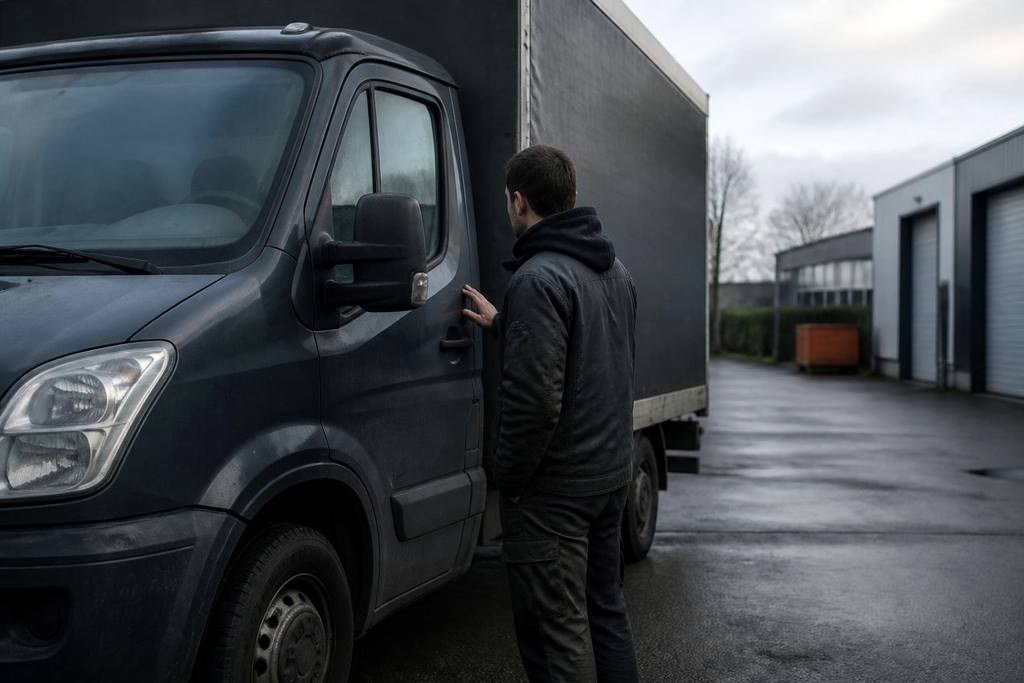Ondernemer in werkjas loopt in de vroege ochtend langs zijn eerste bestelwagen met gesloten opbouw