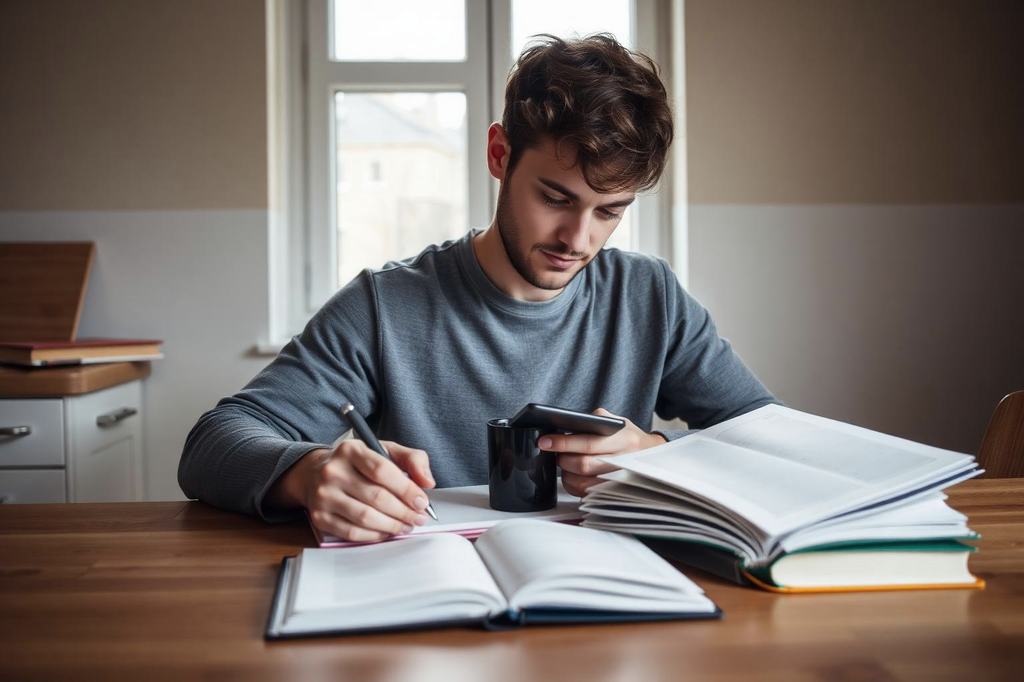 Studieboeken, een opengeslagen schrift, markeerstift en koffie op een keukentafel bij daglicht