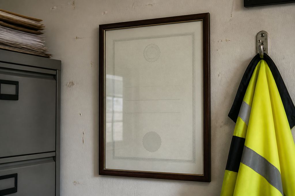 Ingelijst vergunningbewijs achter glas aan de wand van een klein transportkantoor, naast een archiefkast en een hesje aan de haak