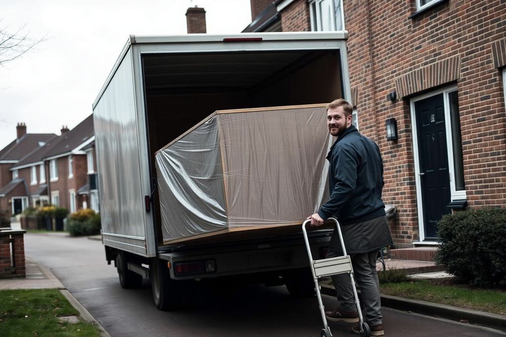 Verhuizer rijdt een ingepakte kast op een steekwagen naar een verhuiswagen in een Nederlandse woonstraat