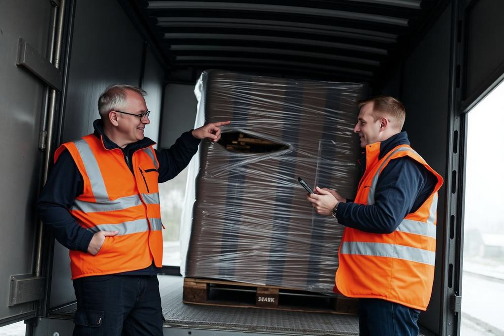 Scheefgezakte pallet met dozen in wikkelfolie tegen de wand van een geopende trailer