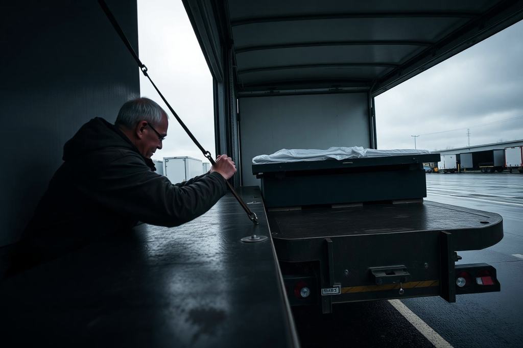 Chauffeur zet een lading vast met een spanband op de laadvloer van een trailer