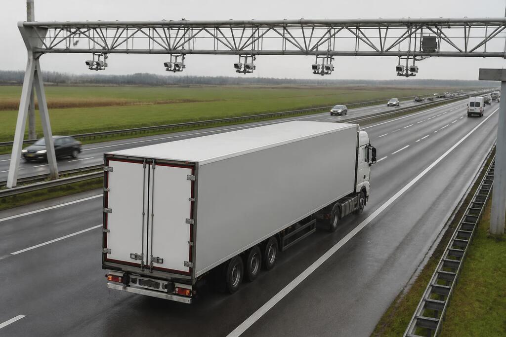 Vrachtwagen met blanco oplegger passeert een portaal met camera's boven een natte Nederlandse snelweg bij bewolkt weer