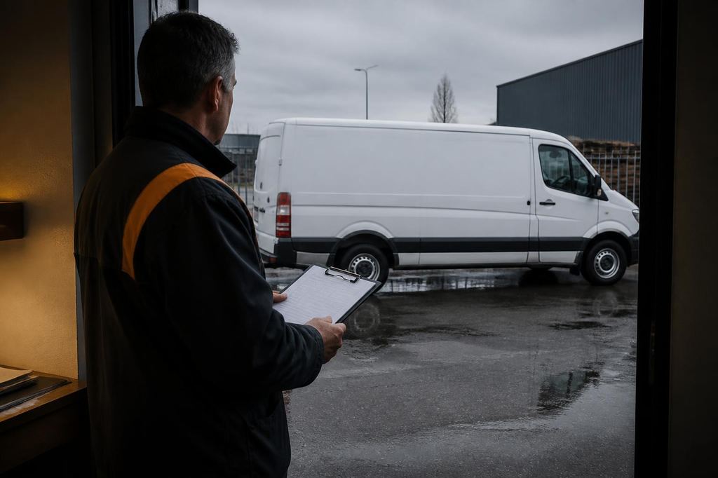 Ondernemer met klembord kijkt vanuit een bedrijfsruimte naar een geparkeerde bestelwagen zonder opdruk